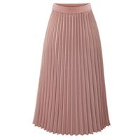 Womens Solid Pleated Elegant Midi Elastic Waist Maxi Skirt Pink
