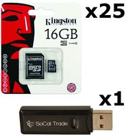 25 PACK - Kingston 16GB MicroSD HC Class 4 TF MicroSDHC TransFlash Memory Card SDC16/16GB 16G 16 GB GIGS (M.A16.RTx25.550) LOT OF 25 with USB SoCal Trade SCT Dual Slot MicroSD & SD Memory Card Reader - Retail Packaging