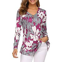 HNTDG Women Casual V-Neck Floral Print Button Plus Size Long Sleeve Swing Tunic Tops Shirts Purple