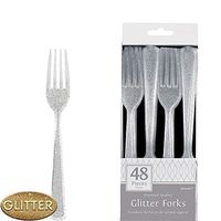 ELEGANI White Silver Premium Tableware; Glitter Silver Premium Plastic Forks (2X Pack of 48ct Each)