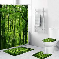 Naiflowers 4 Piece Non-Slip Bathroom Toilet Rug Mats pad & Rug Contour& Shower Curtain with Hooks & Lid Cover, Entryway Kitchen Washable Bath Shower Curtain Carpet, Beach Sea Style