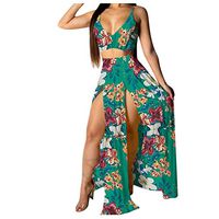 HebeTop Women Sexy Chiffon Strap Deep V Neck 2 Piece Outfits Dress Floral Printed Crop Top High Split Maxi Dresses Skirt Set Green
