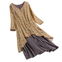 Beihxwe Women Dress Shirts Casual Floral Print 3/4 Sleeve A Line Swing Long Party Beachdress (L, Yellow)