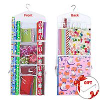 Hanging Gift Wrapping Paper Storage Organizer Bag, Double Sided Multiple Front & Back Pockets Organize Your Gift Wrap, Gift Bags Bows Ribbons 40"X17" Fits Long 40 Inch Rolls Clear PVC Bag (White)