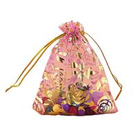 Zhiheng 100pcs Organza Wedding Party Gift Bags Rose Pattern Sheer Drawstring Pouches Jewelry Gift Bags Christmas Party Gift Favor Bags (pink, 3"x4")