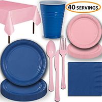 Disposable Party Supplies, Serves 40 - Blue and Light Pink - Large and Small Paper Plates, 12 oz Plastic Cups, Heavyweight Cutlery, Napkins, and Tablecloths. Full Two-Tone Tableware Set