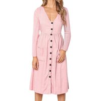 Women Dress,DEATU Women's V Neck Button Solid Dress Long Sleeve Beach Long Dress with Pockets(Pink,Size M)