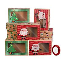 Hemoton Christmas Cookie Boxes Doughnut Gift Boxes Bakery Box with Clear Window,Green and Red Holiday Designs with Xmas Ribbons for Gift on Holiday Party(Set of 12)
