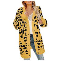 HNTDG Women Knitted Leopard Printed Cardigans Shirt Lightweight Button Down Cardigans Coat with Pockets Yellow