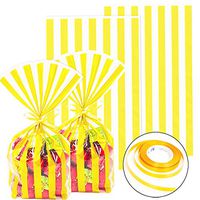 ADIDO EVA Striped Cellophane Treat Bags 100 Packs Gold Striped Cookie Bags 10 x 6 x 2.5 inch Striped Goodie Bags for Cookie Candy Snack Wrapping Party Favor Bags
