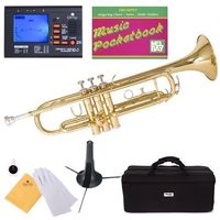 Mendini MTT-L Gold Lacquer Brass Bb Trumpet + Tuner, Case, Stand, Mouthpiece, Pocketbook & More - MTT-L+SD+PB+92D