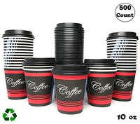 EcoQuality Durable Disposable Paper Cups & Dome Lids For Hot/Cold Drink, Coffee, Tea, Cocoa, Travel - Small 10 Ounce Cups, 500 Count Cups & Black Lids