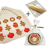 Christmas Holiday Element Sticker with Cello Treat Bags for Cookie Biscuits Candy Cake Baking Packaging, Pack of 120 Stickers and 100 Bags (10x15cm)