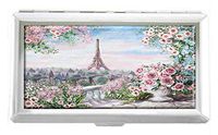 Painting Paris Gentle City Flower Rose Eiffel Tower Design Unisex Stainless Steel Cigarette Holder Case Protection Credit Business Card Storage Box Pocket/Wallet
