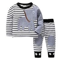 Unisex Baby Pajamas,Long Sleeves Elephant Striped Print T-Shirt Tops and pants Outfits Set (6-12 Months, White)