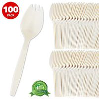 Eco Friendly Sporks (100 Count) Biodegradable Cutlery, Kid Safe 2 in 1 Utensils Compostable Cornstarch Sporks – Heavy Weight Fork Spoon Great for School Lunch, Cafeteria, Restaurant, Meals, Parties