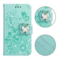 Cfrau Diamond Case with Black Stylus for Samsung Galaxy A6 Plus 2018,Luxury Crystal 3D Handmade Butterfly Flower Bling Stand Wallet PU Leather Shockproof Case for Galaxy A6 Plus 2018,Mint Green