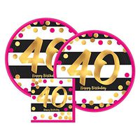 Amscan Pink & Gold 40th Birthday Party Paper Plates and Paper Napkins, 16 Servings, Bundle- 3 Items