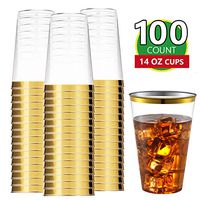 Eupako 14 Oz Gold Plastic Cups 100 Pack Disposable Wine Cups Hard Plastic Cups Plastic Cocktail Tumblers Gold Rim Cups