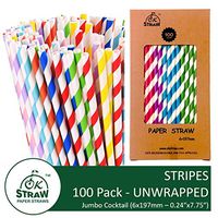 Biodegradable Paper Straws by OKSTRAW for Restaurants, Cafes, Party Supplies, Birthday, Wedding, Bridal/Baby Shower Decorations and Celebrations (100, Striped Assorted)