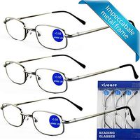 Impeccable Metal Frame and Crystal Clear Vision - Viscare 3-Pack Men Women Metal Spring Hinged Full Frame Reading Glasses Readers w/ 3 Pouches 1 Cloth +2.00