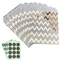 Party Bag 5 * 7 inch, 48 pcs Food Safe Kraft Paper, Natural (Biodegradable), Vivid Colored Candy Cookie Buffet Bags,Flat Bag with Chevron Patterns, Gold foil. 48 1.5 inch Stickers.