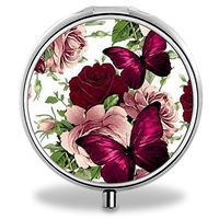 Compact 3 Compartment Medicine Case, IMLONE Customized Rose Butterflies Pill Organizer Metal Pill Box Pill Container for Purse, Travelling and Daily Needs