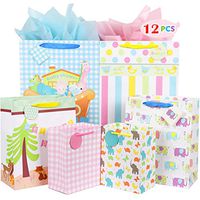 Fzopo Baby Gift Bag Assortment, Heavy Duty Paper Gift Bags (Pack of 12 Small, Medium, Extra Large Bags for Baby Shower, Birthday, Parties, Baby Girl, and Baby Boy)