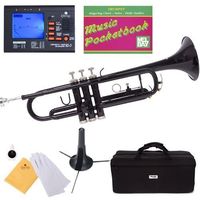 Mendini MTT-BK Black Lacquer Brass Bb Trumpet + Tuner, Case, Stand, Mouthpiece, Pocketbook & More