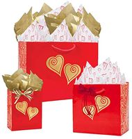 Gift Bags Euro Style, Assorted Sizes, 3 Bundled with Coordinating Tissue Paper and Raffia Ribbon (Gold Scroll Heart)
