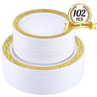 102PCS Gold Disposable Plastic Plates, Heavyweight Disposable Wedding Plates Set White Party Plate with Gold Lace, Includes 51 Elegant 10.25 Inch Dinner Plates and 51 7.5 Inch Appetizer Dessert Plates