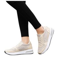 Cenglings Women's Casual Sequins Rivets Platform Shoes Solid Color Lace Up Sneakers Running Shoes Trend Wild Casual Sports Shoes(Gold,37)