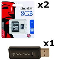 2 PACK - Kingston 8GB MicroSD HC Class 4 TF MicroSDHC TransFlash Memory Card SDC8/8GB 8G 8 GB GIGS (M.A8.RTx2.550) LOT OF 2 with USB SoCal Trade© SCT Dual Slot MicroSD & SD Memory Card Reader - Retail Packaging