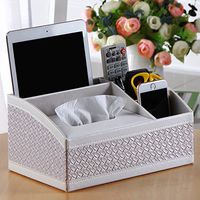 T-ZJHC European Multi-Function Storage Box Desktop Tissue Box Mobile Phone Tablet Remote Control Storage, trapezoidal White Woven Pattern, 27.5 17 13.5cm