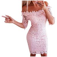 HebeTop Women's Off Shoulder Floral Lace Vintage Bodycon Midi Party Cocktail Dress Pink
