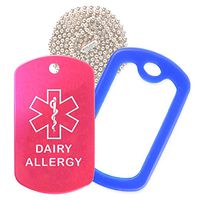 Dairy Allergy Medical Alert ID Necklace with Pink Hot Tag, Blue Silencer, and 30'' USA Chain - 154 Color Choices