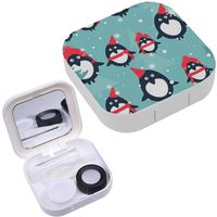 Portable Contact Lens Case Box Travel Kit Mirror + Bottle + Tweezers Container Holder [ Penguins Fir Trees ]