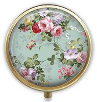 Vintage Floral Custom Round Bronze Pill Box Pocket 2.1 inches - 3 Compartments Pill Box/Pill Case Pocket