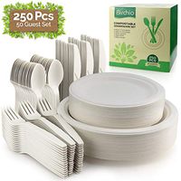 250Pcs 50 Guests Biodegradable White Paper Plates and Cutlery Set, Disposable Dinnerware Set, Eco Friendly Compostable Plates and Utensils include Plates, Forks, Knives and Spoons for Party, BBQ
