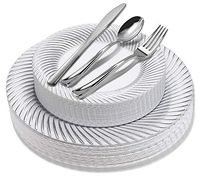 Silver Swirl Rim Plastic Dinnerware (125-Piece) Plastic Plates, Plastic Forks, Plastic Knives, Plastic Spoons - Service for 25 Guests Place Setting for Wedding, Party, Baby Shower, Birthday, Holiday