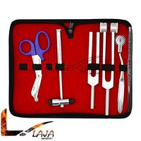 LAJA Imports 6 Piece Diagnostic Kit Medic Student - Reflex Hammer and Tuning Fork Set C 128 and C 512. Includes A Wartenberg Pinwheel and A Premium Royal Blue Steel Bandage Scissor 5.5”