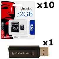 10 PACK - Kingston 32GB MicroSD HC Class 4 TF MicroSDHC TransFlash Memory Card SDC32/32GB 32G 32 GB GIGS (M.A32.RTx10.550) LOT OF 10 with USB SoCal Trade© SCT Dual Slot MicroSD & SD Memory Card Reader - Retail Packaging