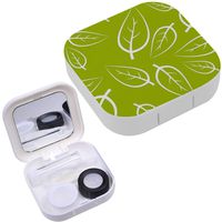 Portable Contact Lens Case Box Travel Kit Mirror + Bottle + Tweezers Container Holder [ Fresh Green Leafs ]