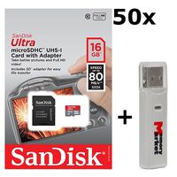 50 PACK - SanDisk Ultra 16GB UHS-I Class 10 MicroSDHC Memory Card Up to 80mb/s SDSQUNC-016G with adapter LOT OF 50 and USB 2.0 MemoryMarket dual slot MicroSD & SD Memory Card Reader