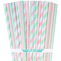 Pink and Mint Paper Straws - Stripe Chevron - 7.75 Inches - Pack of 100