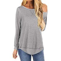 Women Long Sleeve O Neck T-Shirts Blouse Casual Solid Color Loose Blouses Tunics Tops Gray