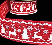 5Y Reindeer Country Xmas Tree Snowflakes Red Burlap Jute Like Wired Ribbon