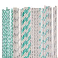 Silver and Aqua Blue Paper Straw Mix - Silver, Aqua Blue - Polka Dot, Striped, Chevron (75)