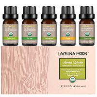 Lagunamoon Essential Oils Gift Set with Top 5 USDA Certified Organic Essential Oil - Tea Tree Lemongrass Lemon Peppermint Rosemary for Diffuser, Humidifier, Massage, Aromatherapy, Skin & Hair Care