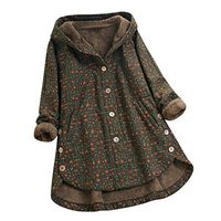 HNTDG Plus Size Coat for Women Winter Warm Floral Print Asymmetrical Button Coat Cotton with Pocket Hooded Outwear Green